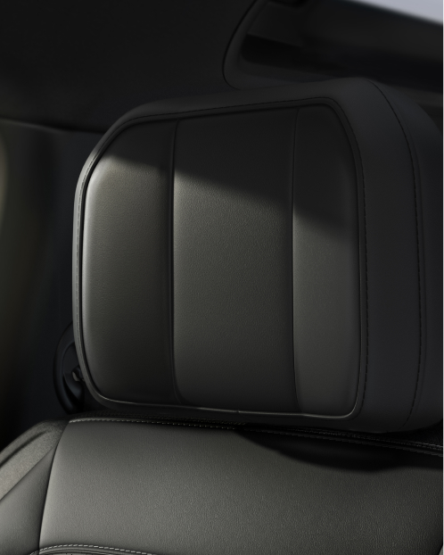 Close-up of the Defender leather seat headrest.