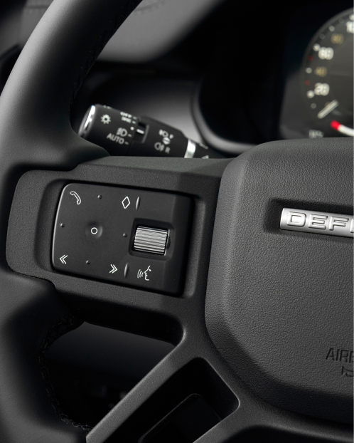 Close-up of the Defender steering wheel.