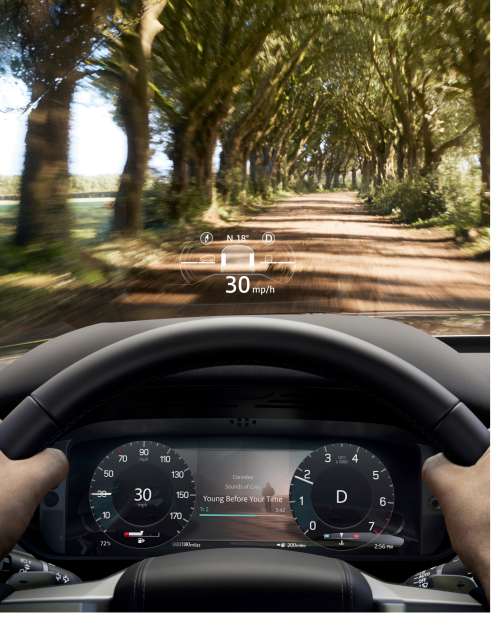 Close-up of the Discovery steering wheel with heads-up display.