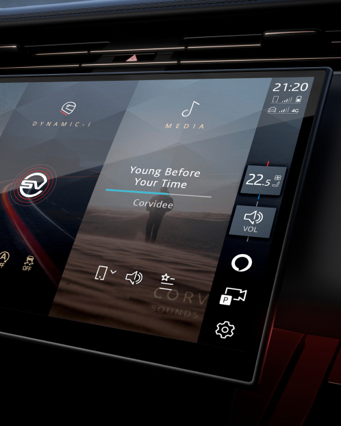 Close-up of the Range Rover Sport’s infotainment touchscreen display showing media controls and climate settings.