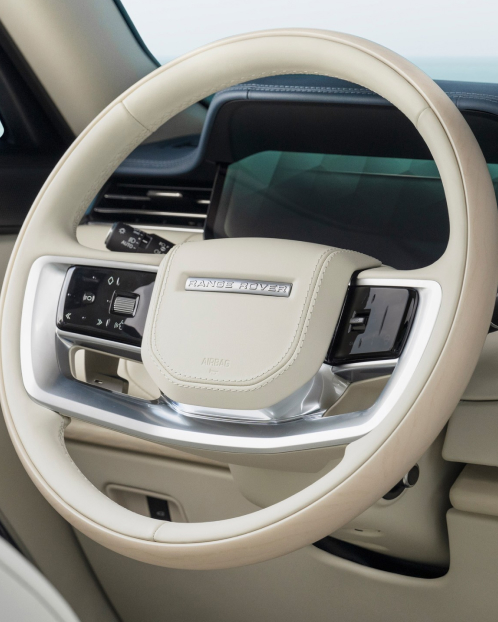 Close-up of Range Rover steering wheel.