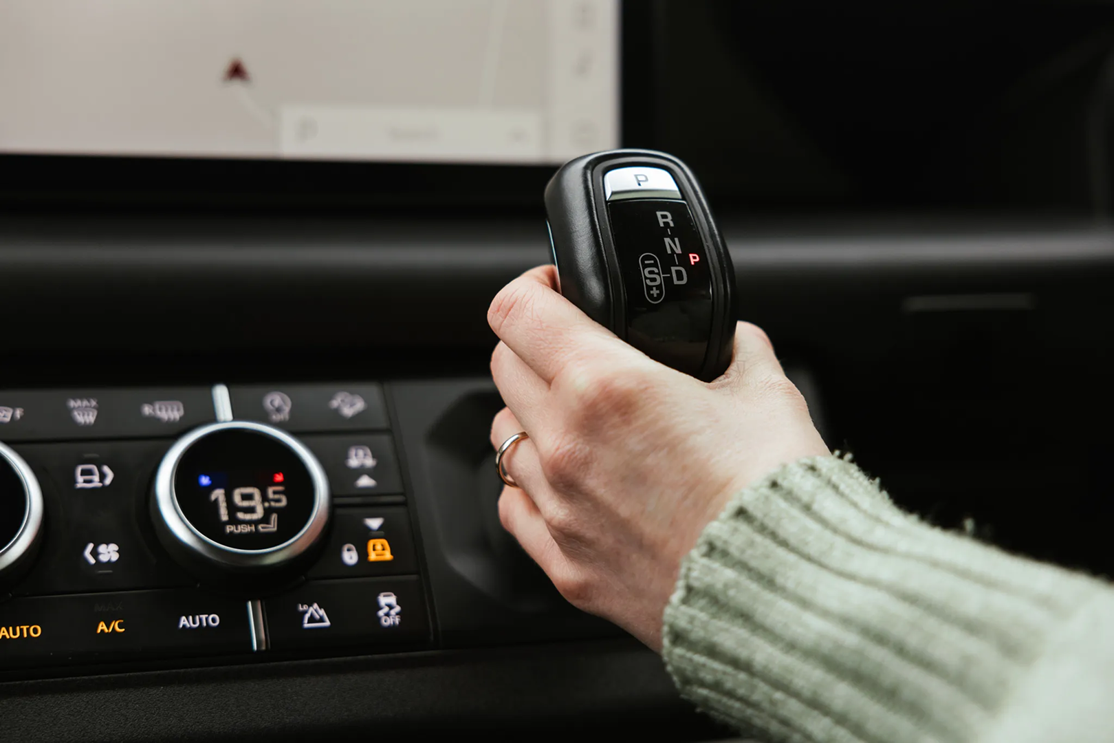 Close-up of the Range Rover’s gear selector and console.