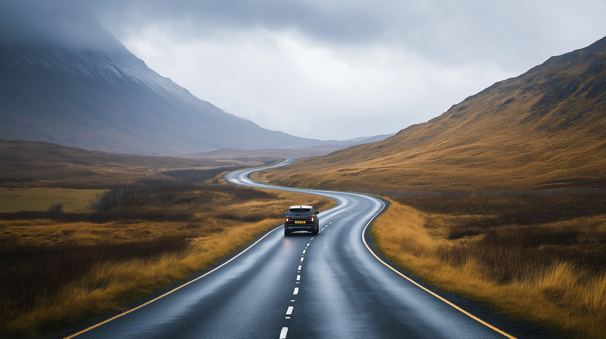 View of a black Range Rover driving through mountains.