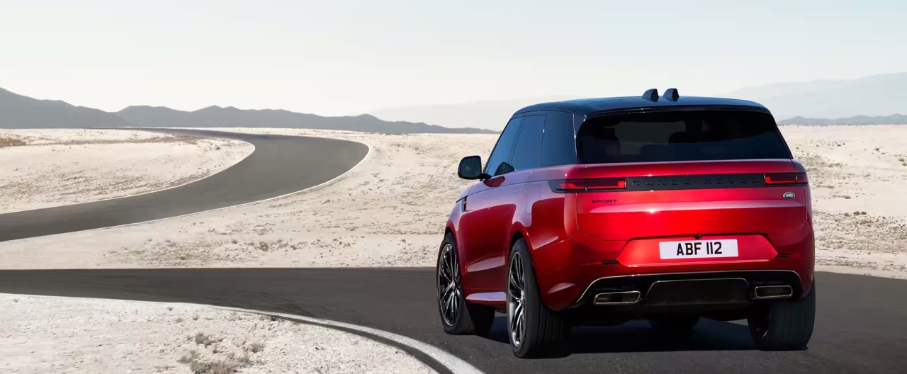 The rear of a Red Range Rover Sport 