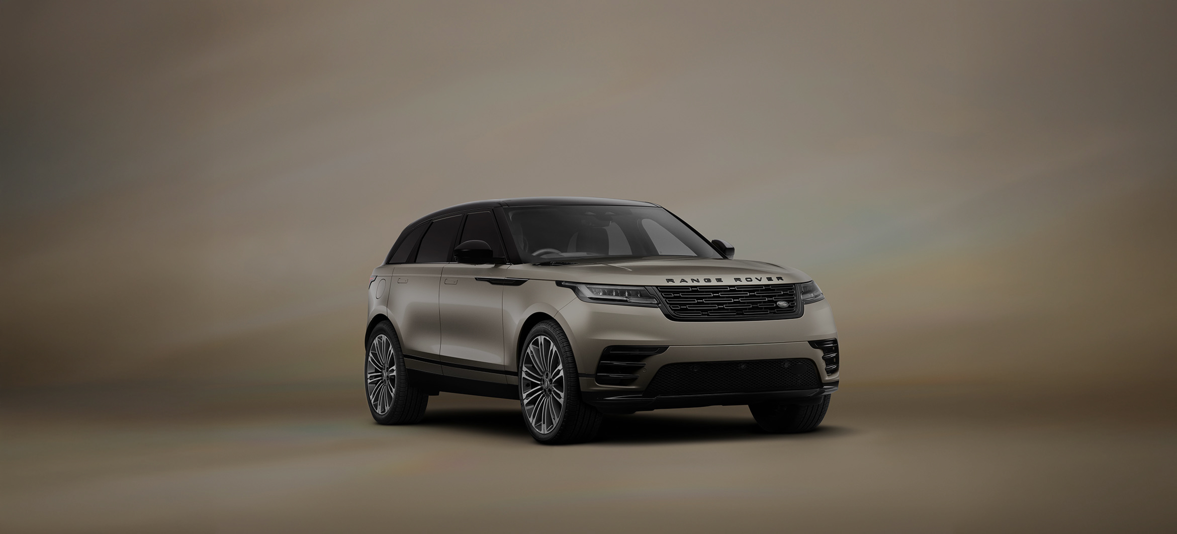 Side view of a Velar with promotional text overlay.