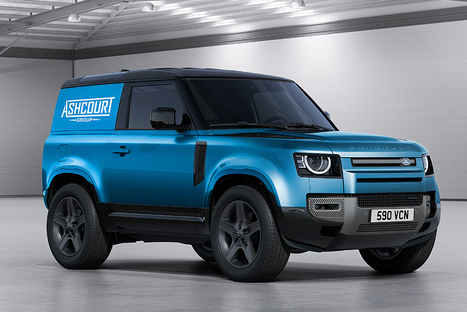 Front view of the black Defender parked, with 'OCTA' text overlaid.