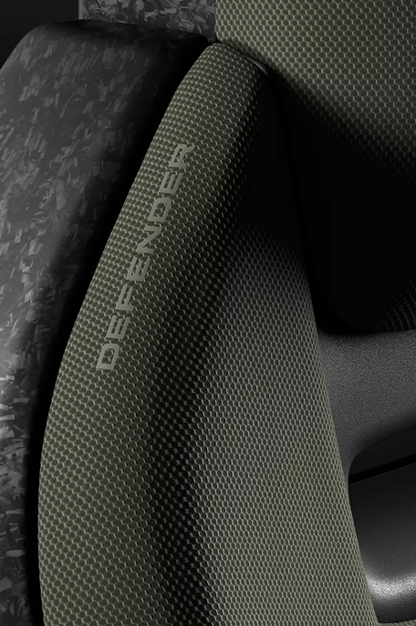 Close-up of the Defender interior infotainment console, showing vehicle battery life.