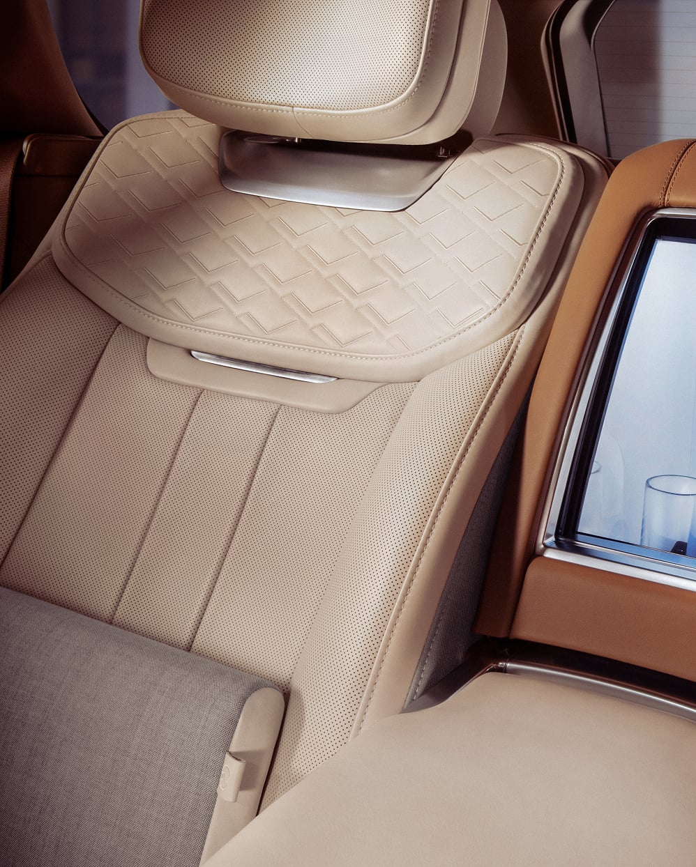 Close-up of the Defender leather seat headrest.