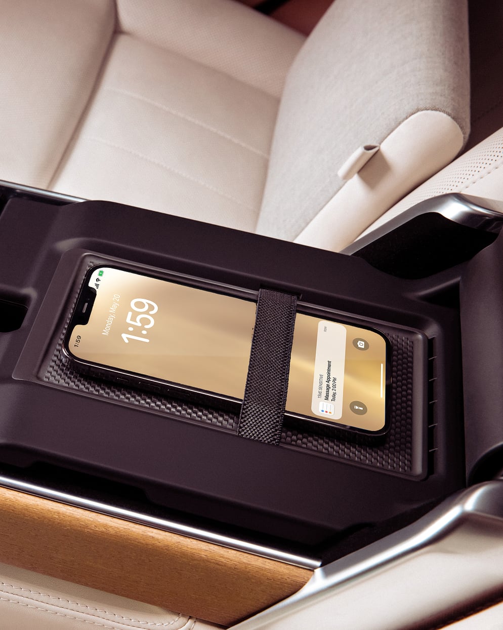 Close-up of the Defender interior infotainment console, showing vehicle battery life.